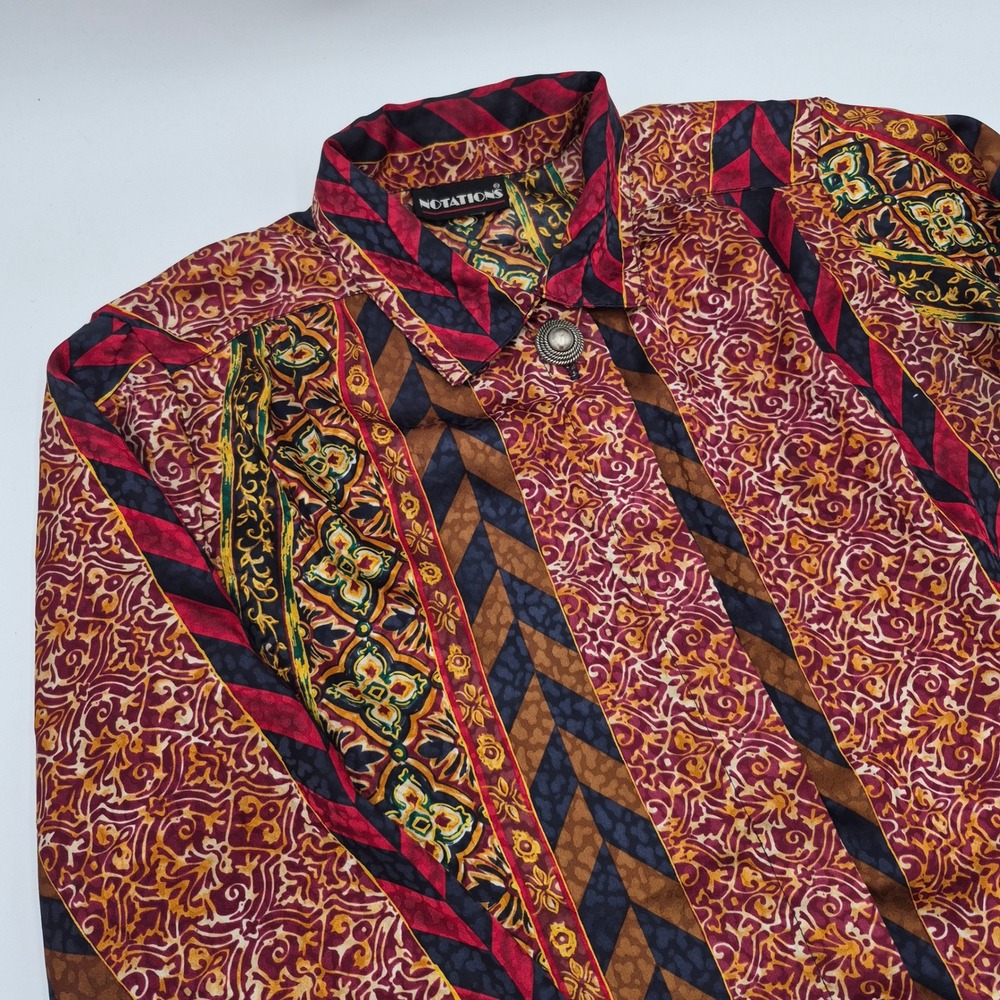 Notations Vintage Patterned Blouse Burgundy Gold Navy Size 10 Style 23401
